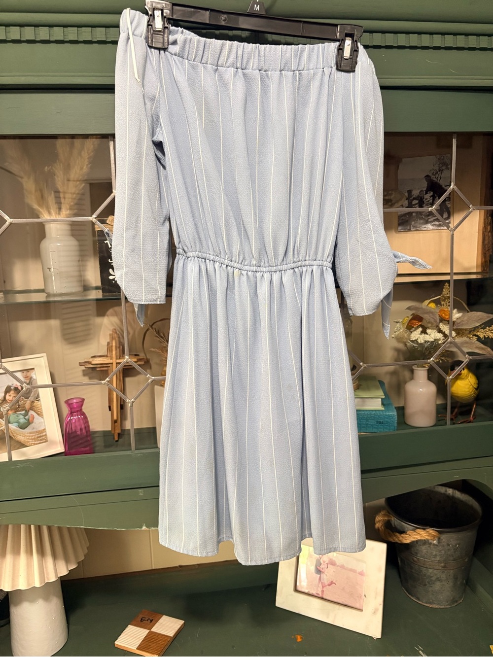 Soprano Light Blue and White Striped Off-Shoulder Dress